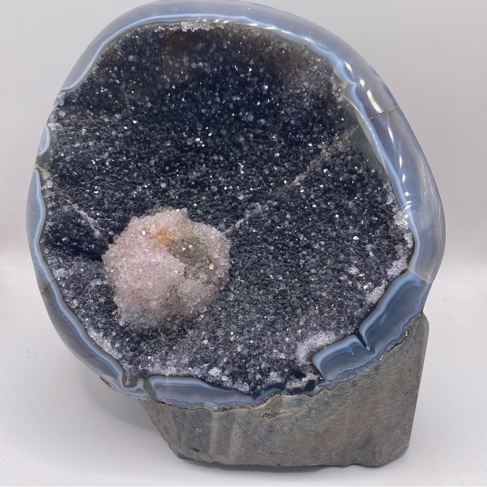 Natural Agate Geode with Black and Pink Druzy